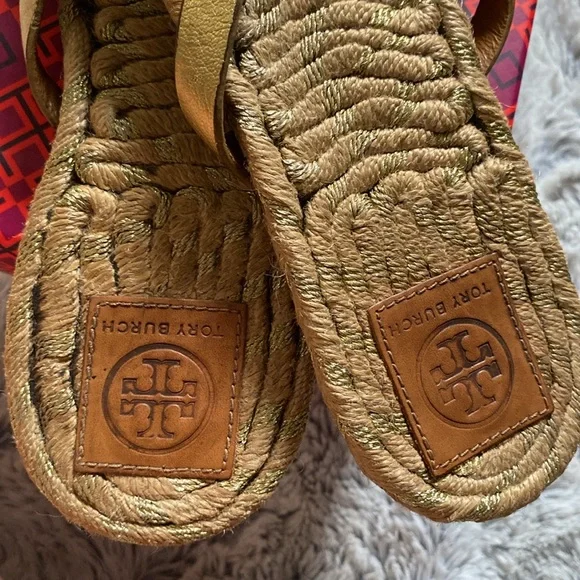 Tory Burch Two Band Flat Espadrille Slide Metallic Gold with Dustbag 9.5 - Picture 11 of 13